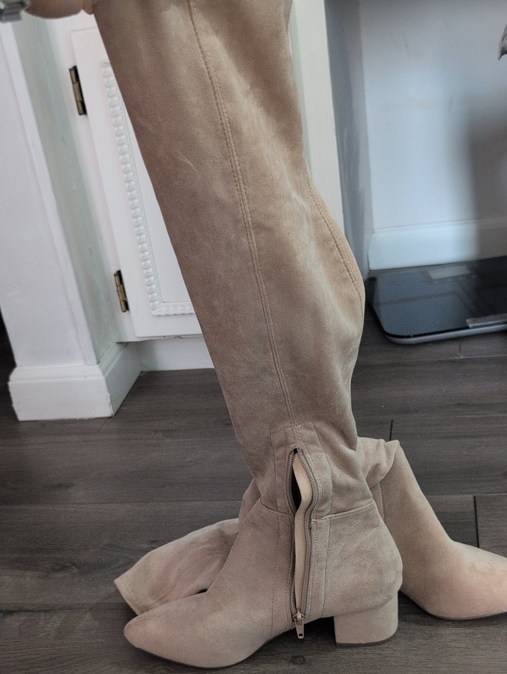 Neutral Suede Knee-High Zip Boots